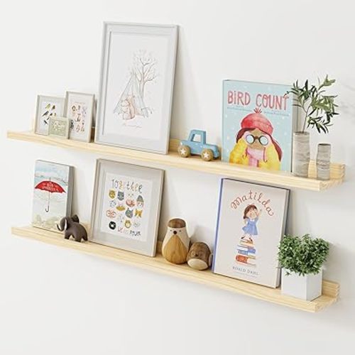 Long Floating Shelves for Wall, 48 inch Solid Wood Picture Ledge Shelf, Picture Shelf for Wall with Ledge, Floating Book Shelves for living room Bedroom Nursery Decor, Natural Unfinished, Set of 2