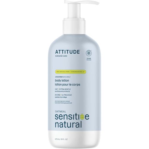 ATTITUDE Body Lotion for Sensitive Skin with Oat, EWG Verified, Dermatologically Tested, Vegan, Extra Gentle, Unscented, 16 Fl Oz