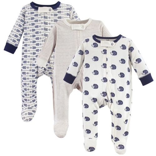 Touched by Nature Baby Boy Organic Cotton Zipper Sleep and Play 3pk, Hedgehog