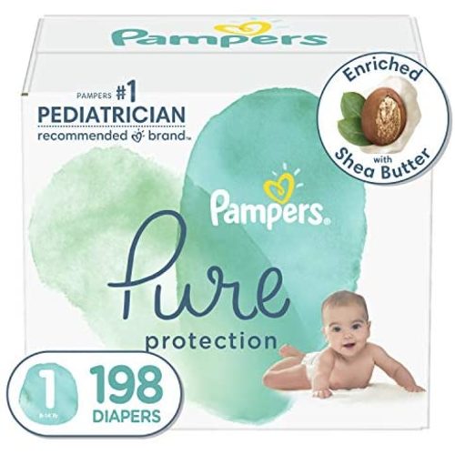 Diapers Size 1, 198 Count - Pampers Pure Protection Disposable Baby Diapers, Hypoallergenic and Unscented Protection, ONE Month Supply (Packaging May Vary) - 1 Month Supply
