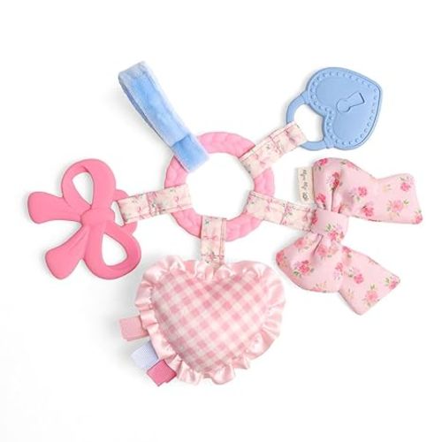 Itzy Ritzy Teething Activity Toy - Bitzy Busy Ring Infant Teething Toy Features Braided Teether & Dangling Toys, Includes Textured Ribbons, Crinkle Sound & Jingle Bell - 0 Months & Up (Pink Bow)
