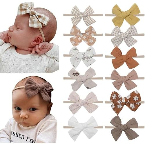 Baby Girls Hair Bow Headbands, Nylon Elastci Bowknot Hairband, Hair Accessories 12 PCS for Newborn Infant Toddlers (coffee NB 12 pcs)