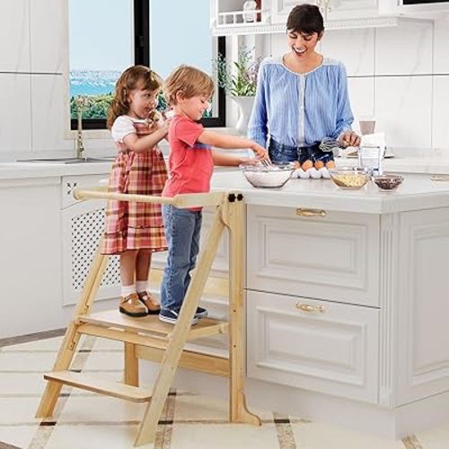 Toddler Tower for 2 Kids Foldable, Montessori Kitchen Standing Tower for Twin Toddlers 1-3, Step Stool with 3 Adjustable Heights & Chalkboard, Baby Helper Tower for Counter Bathroom Sink