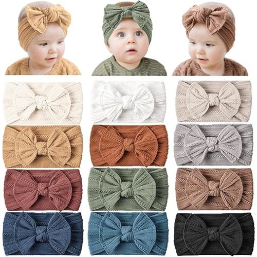 Prohouse 12 Pack Baby Nylon Headbands Hairbands Hair Bow Elastics Handmade Hair Accessories for Baby Girls Newborn Infant Toddlers Kids(Blue)
