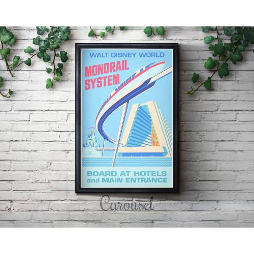 Monorail Vintage Walt Disney World Attraction Poster Giclée Wall Art, Great for Home, Office, Nursery, Bedroom, Lounge, and as a Gift
