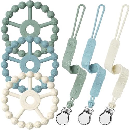 Silicone Ring Teether and Pacifier Clip, Seposeve Pack of 3 Baby Pacifier Teether Clip for Babies, Teething Ring Toys, Keeps Teethers Clean, 6-12 Months 12-24 Months
