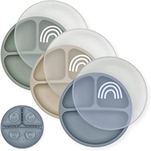 Hippypotamus Toddler Plates with Suction - 100% Food-Grade Silicone Baby Plates with Lids - Microwave & Dishwasher Safe - BPA Free - Set of 3 (Fog/Nude/Sage with LIDS)