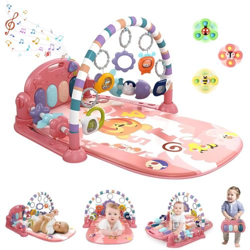 Baby Gym Play Mat, Piano Kick and Play Lights and Music Tummy Time Toys Infant Musical Activity Gym Mat for Visual, Hearing, Sensory, Gift Suitable for Newborns Aged 0 to 3 6 9 12 Months (Pink)