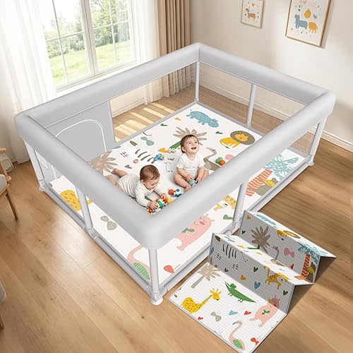 Hiaksedt Baby Playpen with Mat 65 x 50 Inch, PlayPen for Babies and Toddlers, Sturdy Safety Play Yard for Indoor & Outdoor with Zipper Gates