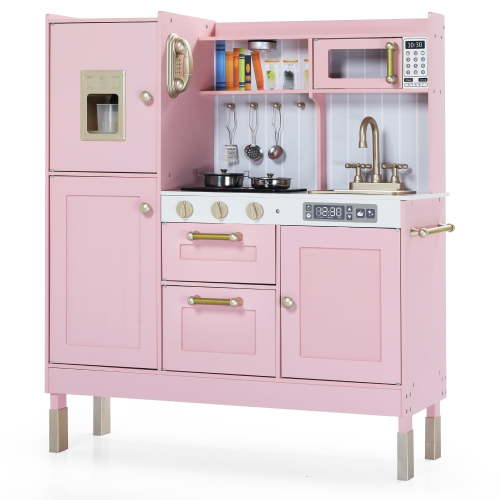 AILEEKISS Wood Kids Play Kitchen, Pretend Toy Kitchen Playset for Children with Sounds, Pink