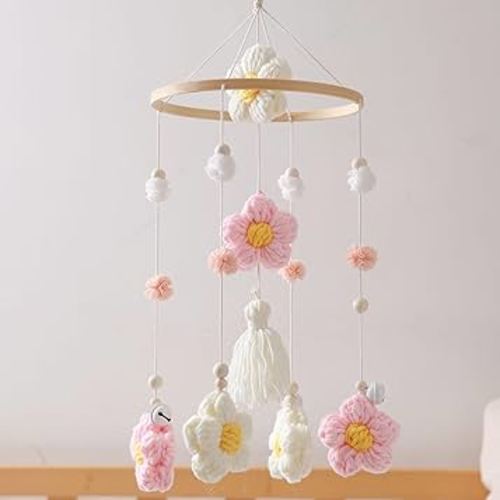 Baby Crib Mobile, Flower Mobile for Crib, Crib Mobile for Boys and Girls, Boho Nursery Decor, Baby Bedroom Hanging Decoration，Pink Flower