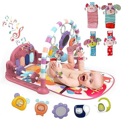 dearlomum Baby Play Mat Baby Gym,Funny Play Piano Tummy Time Baby Activity Mat with 5 Infant Sensory Baby Toys & 4 Wrist Rattle Socks, Boy & Girl Gifts for Newborn Baby 0 to 3 6 9 12 Months(Pink)
