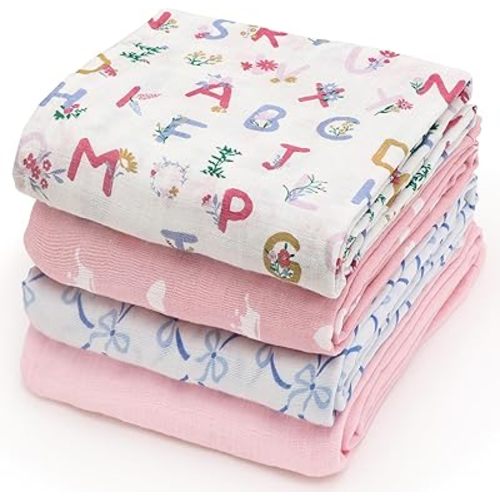 david's kids 4 Pack Baby Muslin Swaddle Blankets, 100% Cotton and Ultra Soft Breathable Receiving Blanket Wrap for Girls, New Born Essentials, Large 47 x 47 inches, Letters