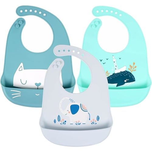 Baby Bibs Silicone Feeding Bibs, Baby Bibs Silicone Bibs 3pcs for Feeding and Adjustable Waterproof Bibs - Color 01