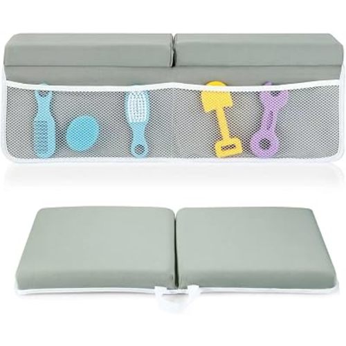 PandaEar Baby Bath Kneeler & Elbow Rest Pad, Comfortable Non-Slip Kneeling Mat Cushion with Toy Organizer Storage Pockets, Foldable Foam Mat for Toddler Bathroom Bathing Time (Grey)