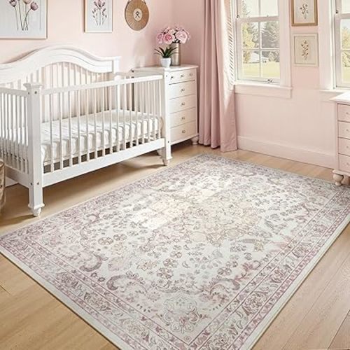 Wonnitar Vintage Floral Rugs for Bedroom Girls, 5x7 Washable Pink Nursery Rug for Baby, Ultra-Thin Non Slip Soft Medallion Carpet for Aesthetic Decor Toddler Kids Room Living Room
