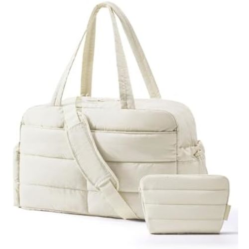 BAGSMART Gym Bag for Women, Lightweight Puffer Duffle Bag 2-PC Travel Bag, 31L Weekender Overnight Bag Quilted Carry On Tote Bag, Diaper Hospital Dance bag for Travel, Gym, Water Resistant, Beige