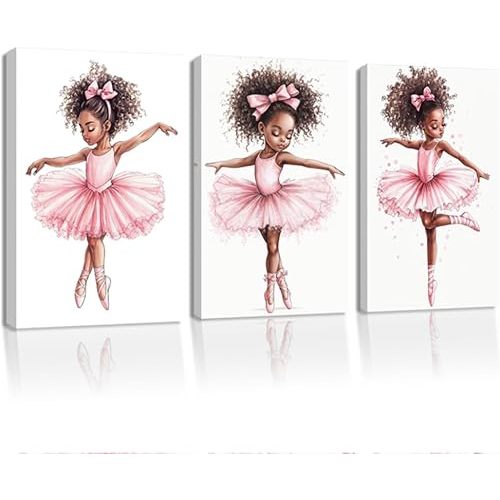 QIXIANG Ballet Girl Canvas Wall Art 3 Set Black Ballerina Pictures Black Girls Poster African American Ballet Dancer Paintings for Girls Room Bedroom Wall Decor (11W x14L x3)