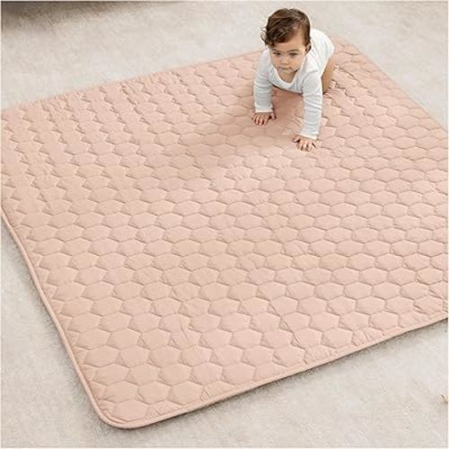 Comfy Cubs Square Kids Play Mat - 56 x 56 inches Soft Quilted Baby Floor Mat with Non-Slip Bottom - Plush Design for Toddlers' Playtime and Relaxation - Comfortable and Durable - Blush