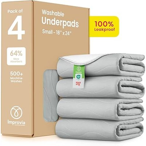 IMPROVIA® Washable Underpads, Heavy Absorbency Reusable Incontinence Pads for Kids, Adults, Elderly, and Pets - Waterproof Protection Floor Grey & White (4 Pack - 18x24)
