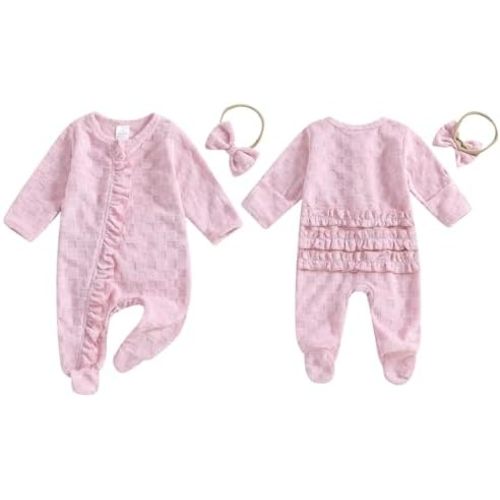 BemeyourBBs Newborn Baby Girl Clothes Ruffle Baby Sleeper Zipper Footie Romper Playsuit with Headband Outfit