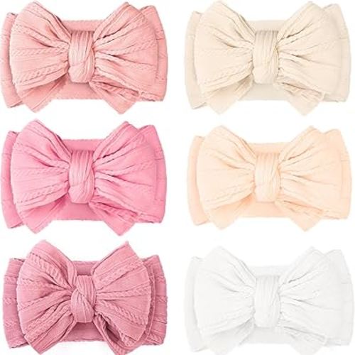 CÉLLOT 6 Pcs Baby Bows Headbands Nylon Hairbands Baby Girl Bows Hair Accessories for Newborn Infant Toddler Essentials (Classic Pink Series)