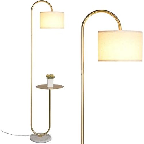 Hsyile KU300271 Arc Floor Lamp with Hanging Drum Shade for Living Room-Marble Base Modern Tall Stand Up Light with Table, Contemporary Over The Couch Gold Lamp Standing Lamps for Bedroom Office