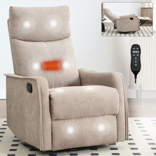 Heat Massage Recliner Chair, Manual Recline with Rocker and Swivel in Soft Fabric, 2 Side Pockets, Wood & Metal Frame, Beige - ModernLuxe