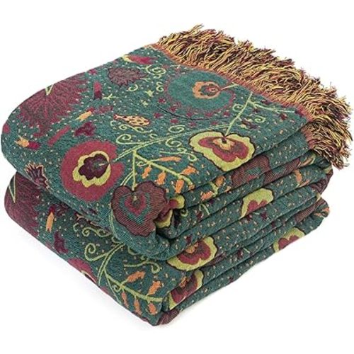 LUTBM Boho Throw Blanket for Bed 100% Cotton Soft Lightweight Quilt Home Decor Summer Bed Blanket,Floral Embroidery Reversible All Season Bohemian Breathable Twin Throws for Couch Chair 60"x80"