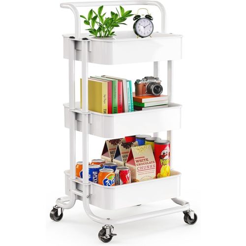 Pipishell 3 Tier Mesh Utility Cart, Rolling Metal Organization Cart with Handle and Lockable Wheels, Multifunctional Storage Shelves for Kitchen Living Room Office White
