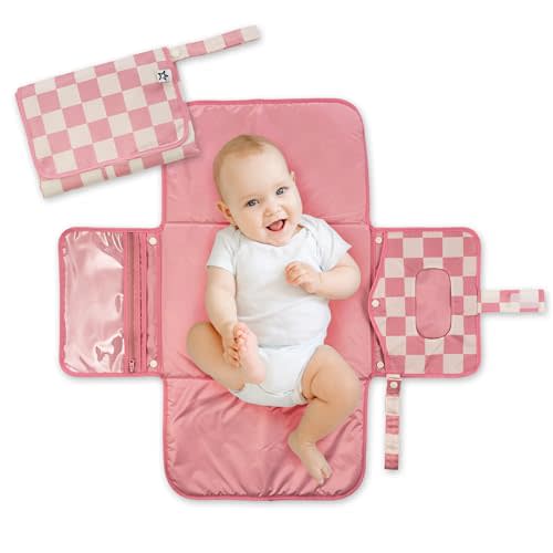 Tiny Twinkle Portable Diaper Changing Pad - Foldable Waterproof Diaper Changing Mat for Travel, Baby Changing Station with Smart Wipes Pocket & Storage (Pink Checkers)