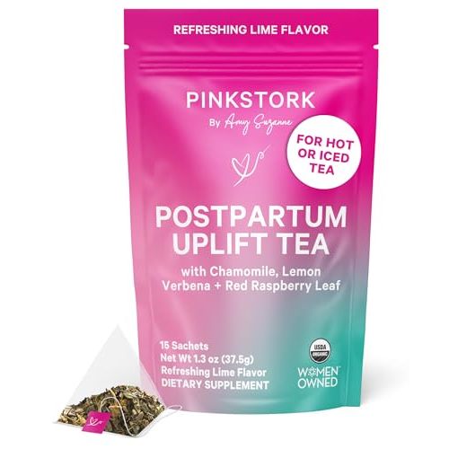 Pink Stork Postpartum Uplift Mood Support Tea: Hormone Balance for Women After Pregnancy, Chamomile Tea with Red Raspberry Leaf for Postpartum Recovery - Caffeine-Free, Hot or Iced, 15 Sachets