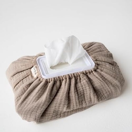 Baby Wipes Cover – Universal Size, One Size Fits All Wipes Packages | Muslin Cotton Tissue Cover for Nursery, Diaper Bag & Changing Table, Station | Gingham & Neutral Patterns (Sand)