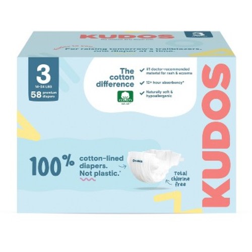 Kudos Chlorine Free Cotton-Lined Disposable Diapers - Size 3 - 58ct: Elastic Stretch Sides, Sulfate-Free, Non-Toxic