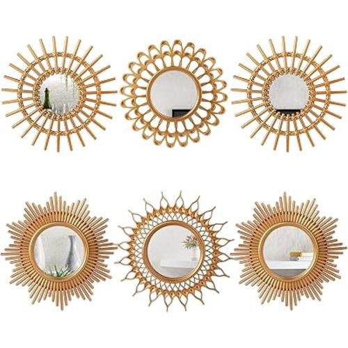 Namalu 6 Pcs Decorative Mirrors - Small Circle Sun Mirrors for Wall Art - Entryway, Bathroom, Bedroom, Living Room (Gold, Classic)