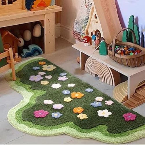 Moss Carpet for Bedroom 3D Irregular Green Aesthetic Bed Rug Living Room Cute Floral Sofa Rug Microfiber Fleece Carpet Home Decor (24x47 Inches)