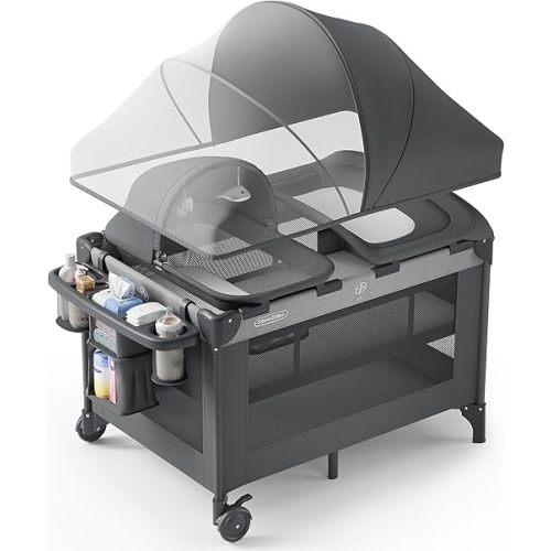 4-in-1 Baby Bassinet with Playard, Sleeper Nest, Changing Table, Mosquito Net & Canopy, Storage and Toys for Newborn to Toddler