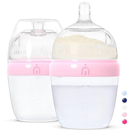 INTTERO Anti-Colic Formula Making Dispenser Baby Bottles, 6oz with Flow 1 Nipples, 2pk, Cute Pink — Everyday Baby Essential — Formula Bottles — Easy Pop Bottle Mixie — Biberones para Bebes