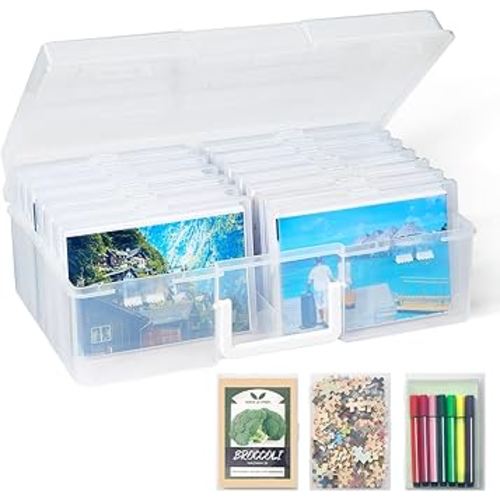 Lifewit Photo Storage Box 4x6 Photo Case, 14 Inner Photo Keeper, Clear Photo Boxes Storage with 1 Sheet Label Sticker, Plastic Craft Storage Box with lids for Cards Pictures Stamps Office Supplies