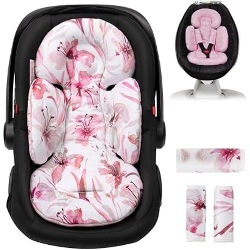 Infant Car Seat Insert, Head and Body Support, Reversible Newborn Insert Compatible with Baby Carseat, Stroller, Mamaroo Swing, Rocker, Bouncer. Baby Car Seat Cushion - Pink Floral
