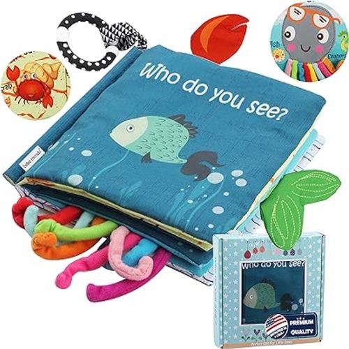 Fish Soft Baby Book,Touch and Feel Cloth Crinkle Books for Babies, Infant Baby Toys 0-3-6-12-18 Months,Early Learning Education Mirror Toy,Shower Gifts Easter for Boys Girls-GIF Box