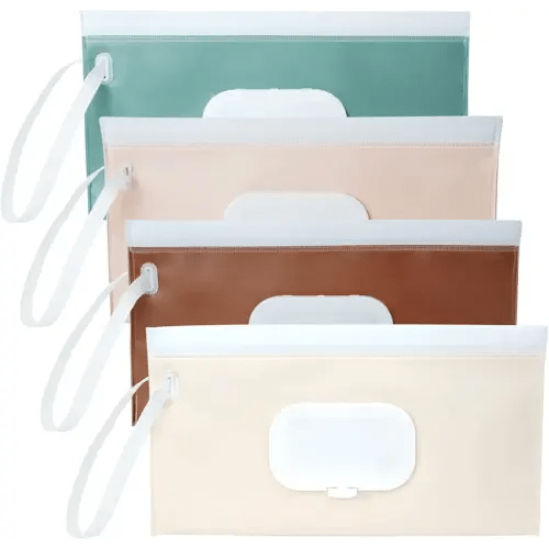 4 Pack Wipes Dispenser, Seposeve Portable Baby Wipe Case, Refillable Baby Wipes Container, Wipe Holder, Keeps Wipes Fresh, Reusable Wet Wipe Pouch for Outdoor Outing, Camping, Hiking. PureColor