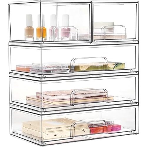 Vtopmart Stackable Storage Drawers Set of 5,Clear Plastic Organizer Bins for Makeup, Cosmetics, Beauty Supplies,Ideal for Vanity, Bathroom,Cabinet,Pantry Organization