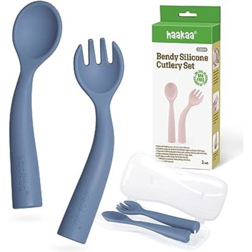 1pair Upgraded Blue Learning Fork & Spoon With Storage Case, Heat-sensitive Baby  Feeding Spoon Short Handle Spoon For Infants, Babies' Self-feeding