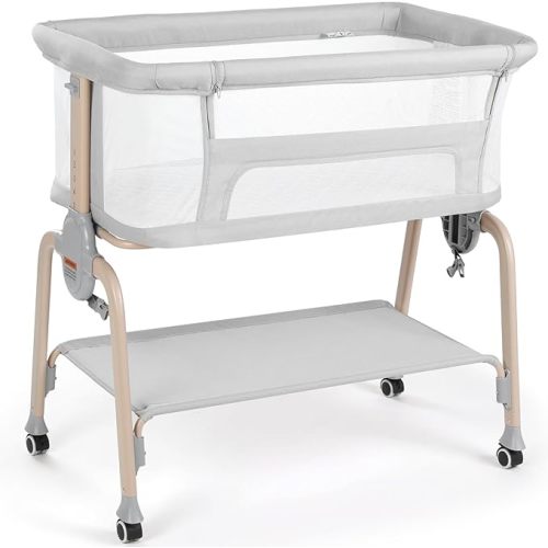 Cowiewie Bassinet Bedside Sleeper, Breathable Baby Bedside Bassinet and Mattress, Lightweight and Portable for Bedside Sleeping, Light Grey