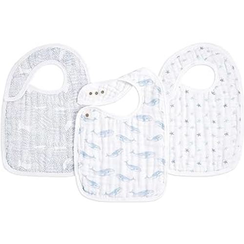 aden + anais 100% Cotton Muslin Snap Bib – Super Absorbent, Soft 3-Layer Baby Bib for Boys & Girls with Adjustable Snap-Closure for Teething, Eating, Drooling, 3-Pack, Oceanic