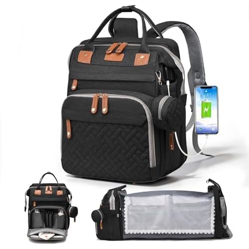 Diaper Bag Backpack with Changing Station, Multifunction Travel Baby Bag, Waterproof Baby Tote, Large Capacity Mommy Bag, Newborn Essentials Backpack Bag, Unisex, Black