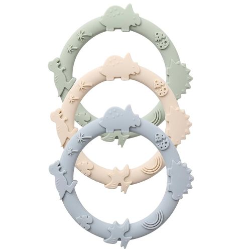 Silicone Teethers for Babies 0-6 6-12 Months Teething Toys for Infants Baby Chew Toys for Sucking Needs Baby Teething Rings for Infant Boys and Girls 3 Pack-Dinosaur-Blue