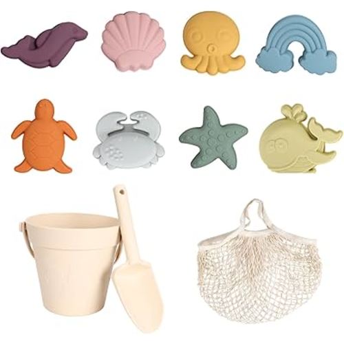 Generic 11Pcs Silicone Beach Toys, Modern Travel Friendly Beach Set, Baby Beach Toys Silicone Sand Bucket, Shovel, 8 Sand Molds, Bag, Sand Toys for Toddlers Kids, Beach Toys for Summer Outdoor