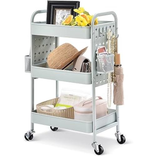 3-Tier Rolling Cart with Dual Pegboards, Green